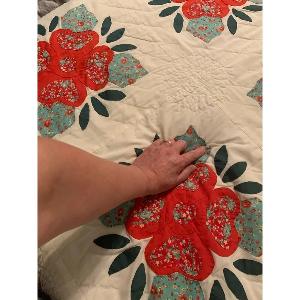 Vintage Lancaster Country Rose Applique` Hand Sewn Quilt 90X70